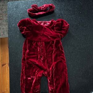 Cat & Jack Red Velvet Kids One Piece with Headband